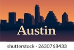 A lively vector illustration of Austin’s cityscape at sunset, highlighting the iconic Capitol Building and the shimmering waters of Lake Travis with vibrant sunset hues