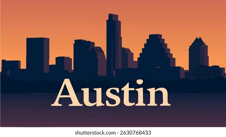 A lively vector illustration of Austin’s cityscape at sunset, highlighting the iconic Capitol Building and the shimmering waters of Lake Travis with vibrant sunset hues