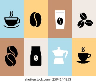 A lively vector illustration featuring a assortment of coffee-themed icons