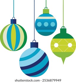 A lively vector illustration featuring retro-style Christmas ornaments, blending vintage holiday charm with vibrant colors and playful shapes. Perfect for festive designs