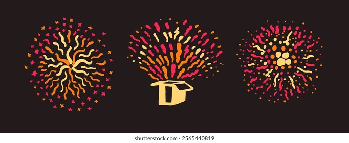 A lively vector illustration showcasing vibrant fireworks bursting from a gift box in bold red, orange, and yellow tones. Set on a dark background for dramatic effect.