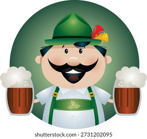 A lively vector illustration of a smiling cartoon man dressed in traditional Bavarian attire, complete with green lederhosen, feathered hat, and a bold mustache, joyfully holding two frosty mugs of beer—perfect for Oktoberfest celebrations and festive decor.
