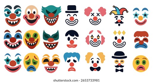 Vetor animado conjunto de trinta emojis palhaços coloridos e máscaras exibindo humor feliz, triste, irritado, assustador e bobo; ideal para panfletos de circo, bilhetes de carnaval, pacotes de adesivos, convites de festa de Halloween,