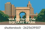 A lively vector of Washington Square Park in New York City, featuring the iconic arch and bustling city streets