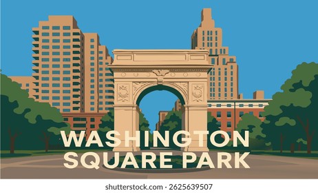 A lively vector of Washington Square Park in New York City, featuring the iconic arch and bustling city streets