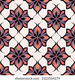 Lively and vibrant flower pattern against a clean white backdrop, characterized by stylized geometric flowers in a seamless and repeating fabric design.