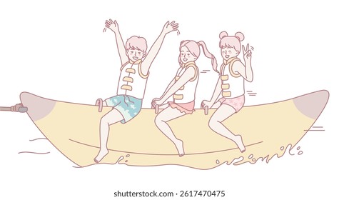 A lively and vibrant illustration of three joyful girls enjoying a bright banana boat on a sunny summer day