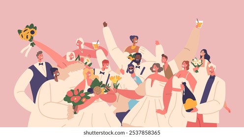 Lively Wedding Celebration Featuring A Happy Group Of Guests And Newlyweds Characters In A Festive Atmosphere