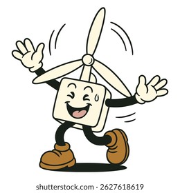A lively wind turbine mascot spinning with a sweaty smile and dancing arms. Ideal for green energy, environmental, and wind power concepts.
