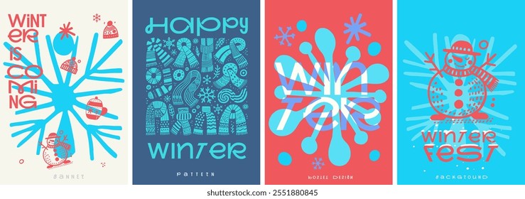 A lively winter poster set featuring snowflakes, scarves, snowmen, hats, and playful typography with vibrant colors, capturing the festive and cozy winter vibe.