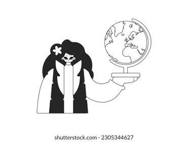 The lively woman with the globe. Learning subject. Melancholy and white line craftsmanship. Trendy style, Vector Illustration