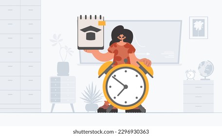 Lively woman with one of a kind and caution clock, learning subject. Trendy style, Vector Illustration