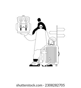 Lively woman With a traveler rucksack in his hands. Tourism point. Dim and white lineart. Trendy style, Vector Illustration