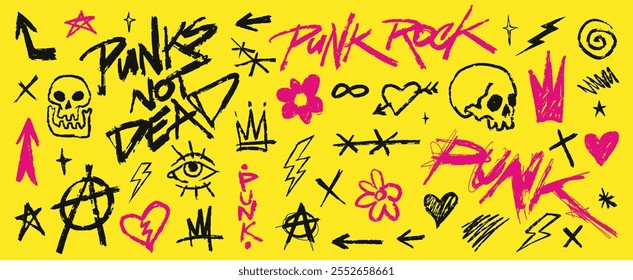 Un animado fondo amarillo presenta varios símbolos y frases de punk rock. Los Diseños incluyen calaveras, corazones de flores y frases icónicas que capturan la esencia de la cultura punk.