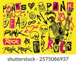 A lively yellow background features punk rock elements such as skulls safety pins and a skeleton playing guitar. Bold text expresses classic punk themes and symbols creating an edgy atmosphere.