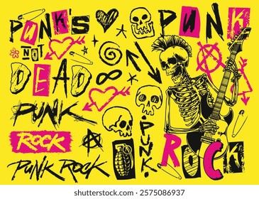 A lively yellow background features punk rock elements such as skulls safety pins and a skeleton playing guitar. Bold text expresses classic punk themes and symbols creating an edgy atmosphere.