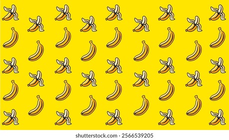 A lively yellow pattern featuring whole and peeled bananas in a playful design.