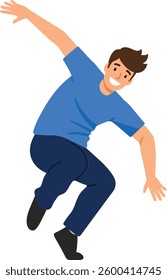 A lively young man in a blue shirt joyfully dances with a carefree expression, showcasing movement and enthusiasm in a minimalist design.
