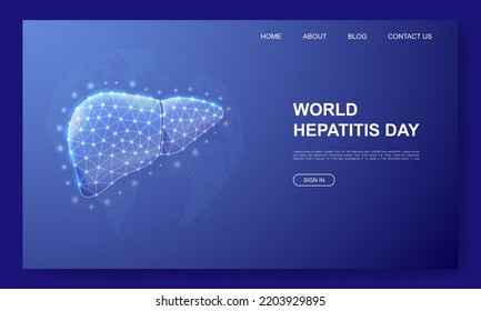 Liver 3d low poly website template. Hepatitis design illustration concept. Polygonal Organ anatomy symbol for landing page, advertising page.