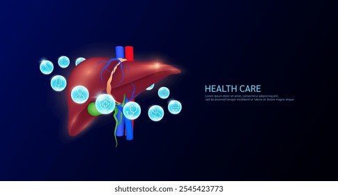 Liver anatomy with medical icon sign symbol inside glowing ball surrounded. Human organ on dark blue background. Medical science health care concept. Banner Vector.