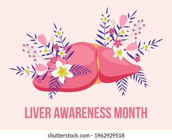 Liver awareness moth concept vector. Medical event is celebrated in October. Tiny doctors treat the liver. Trendy boho flower background is presented.