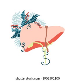 Liver. Bright illustration with flowers. Human organ. Vector illustration.