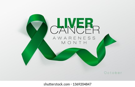 Liver Cancer Awareness Calligraphy Poster Design. Realistic Emerald Green Ribbon. October is Cancer Awareness Month. Vector