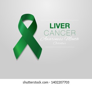 Liver Cancer Awareness Calligraphy Poster Design. Realistic Emerald Green Ribbon. October is Cancer Awareness Month. Vector Illustration