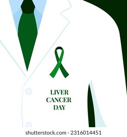 Liver cancer awareness day poster background. Doctor with green ribbon pin on white coat. Solidarity compain concept design. Healthcare support. Medical vector illustration.
