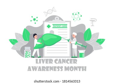 Liver cancer awareness month concept. Tiny doctors treat the liver. Trendy background vector for for website and mobile website development, apps is presented.