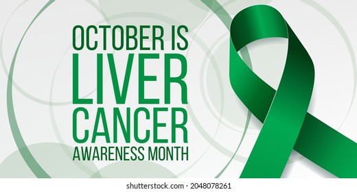 Liver Cancer Awareness Month concept. Banner with emerald green ribbon awareness and text.  Vector illustration. 