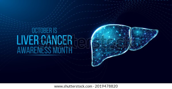 Liver cancer awareness\
month concept. Banner template with glowing low poly wireframe\
liver. Futuristic modern abstract. Isolated on dark background.\
Vector illustration.
