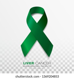 Liver Cancer Awareness Month. Emerald Green Color Ribbon Isolated On Transparent Background. Vector Design Template For Poster.