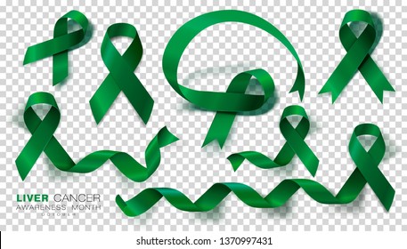 Liver Cancer Awareness Month. Emerald Green Color Ribbon Isolated On Transparent Background. Vector Design Template For Poster.