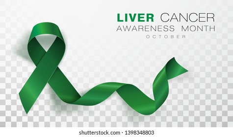 Liver Cancer Awareness Month. Emerald Green Color Ribbon Isolated On Transparent Background. Vector Design Template For Poster. Illustration.