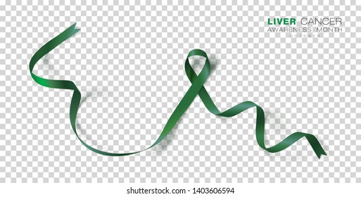 Liver Cancer Awareness Month. Emerald Green Color Ribbon Isolated On Transparent Background. Vector Design Template For Poster. Illustration.