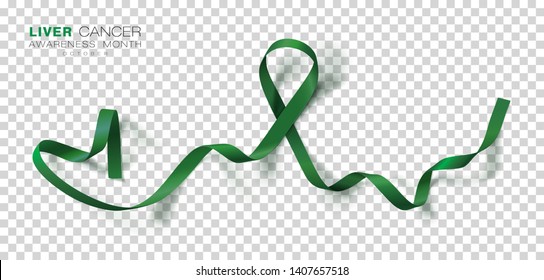 Liver Cancer Awareness Month. Emerald Green Color Ribbon Isolated On Transparent Background. Vector Design Template For Poster. Illustration.