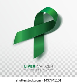 Liver Cancer Awareness Month. Emerald Green Color Ribbon Isolated On Transparent Background. Vector Design Template For Poster. Illustration.