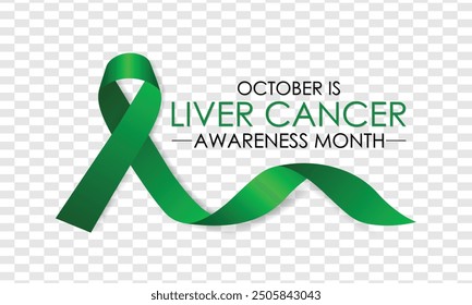 Liver cancer awareness month. Realistic Emerald Green Color Ribbon Isolated On Transparent Background and white Background. Banner poster, flyer and background design template. Vector illustration .