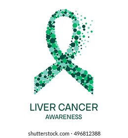 Liver cancer awareness poster design template. Emerald green ribbon made of dots on white background. Medical concept. Vector illustration.