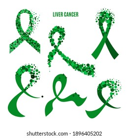 Liver cancer awareness ribbon collection set. Emerald green bows made of dots for support and solidarity concept. Medical vector illustration.