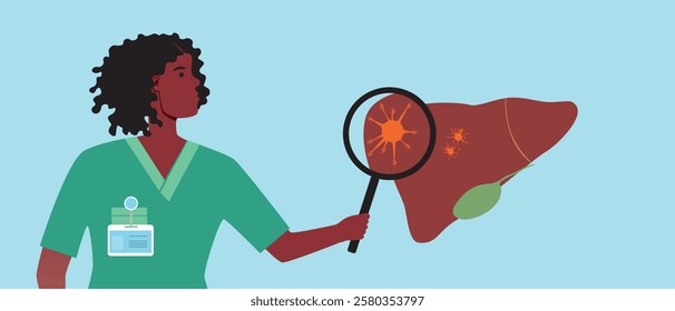Liver cancer concept as oncology, flat vector stock illustration with doctor and malignant tumor or liver cancer