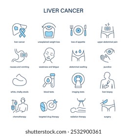 Liver Cancer symptoms, diagnostic and treatment vector icon set. Medical icons.