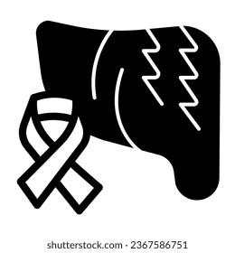 Liver and cancer tape solid icon, World cancer day concept, Ribbon for Liver Cancer sign on white background, Liver Cancer Awareness icon in glyph style for mobile and web. Vector graphics