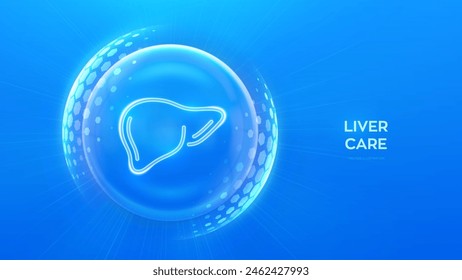 Liver care and protection. Healthy liver medical concept. Human liver anatomy organ icon inside protection sphere shield with hexagon pattern on blue background. Vector illustration.