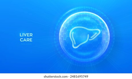 Liver care and protection. Healthy liver medical concept. Human liver anatomy organ icon inside protection sphere shield with hexagon pattern on blue background. Vector illustration.