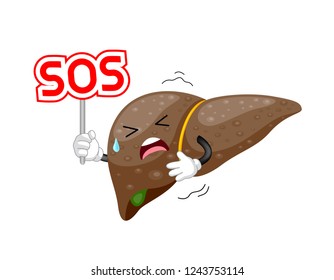 Liver cartoon character holding SOS sign. Internal organ requires care or medical treatment due to disease or impact of adverse on health. 