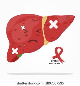 Liver cartoon character painful expression are Internal organ requires care or medical treatment due to disease or impact of adverse on health. Liver cancer sign ribbon. 