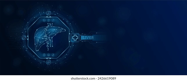 Liver chip in electronic circuit board microchip processor technology medical. Innovative health care information processing of digital hi tech future. Empty space for text. Banner vector.