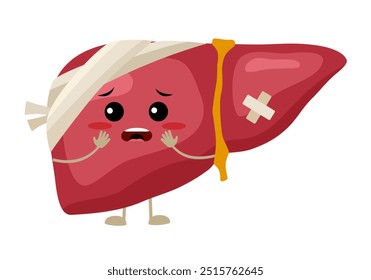 Liver cirrhosis disease. Sad liver organ anatomy cartoon vector illustration on white background. Unhealthy liver medical concept.